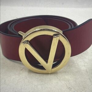 Valentino Red Leather Belt with Gold V Buckle